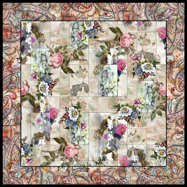 طرح روسری برای چاپ دیجیتال با گلها و برگهای دیجیتالی و حاشیه آبرنگی ترمه رنگارنگ