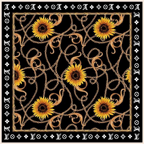 طرح روسری لوییزویتون با گلهای درشت آفتابگردان در زمینه و قاب دور مشکی زرد طلایی