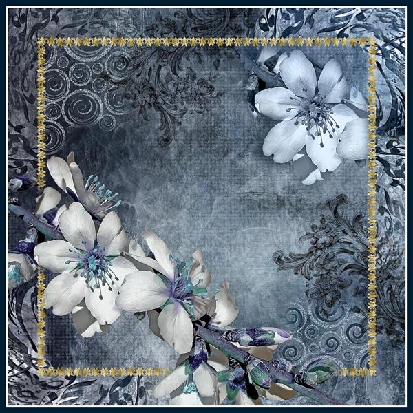 طرح روسری برای چاپ دیجیتال با گلهای درشت آبی دیجیتالی و حاشیه آبرنگی خطاطی شده و قاب طلایی