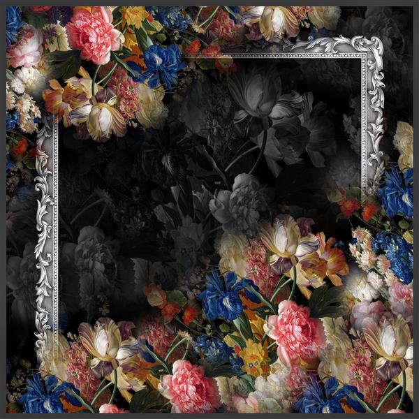 طرح روسری برای چاپ دیجیتال با گلهای درشت برگهای دیجیتالی و حاشیه فرفوژه قدیمی رنگارنگ