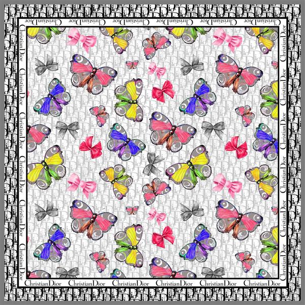 طرح روسری با پروانه های آبرنگی و حاشیه کریستین دیور با زمینه طوسی