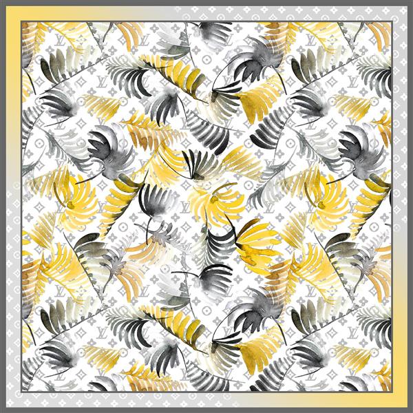 طرح روسری lv برگ آبرنگی زرد طوسی با زمینه لوییویتون