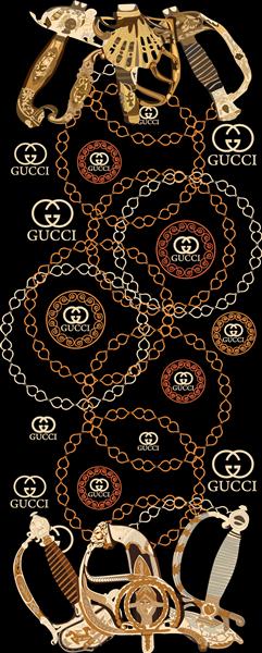 شال کمربندی گوچی با زمینه مشکی و المانهای قهوه ای و کرم با زمینه مشکی دیجیتال آماده چاپ