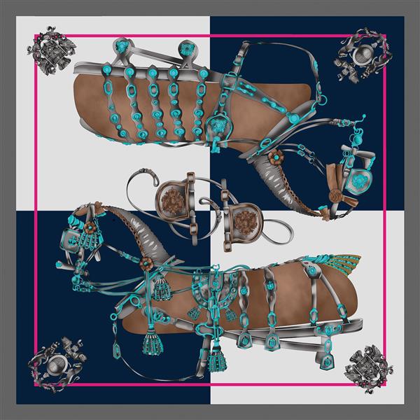 طرح روسری هرمس با اسب کرم قهوه ای سبز آبی المانهای قدیمی مربع بزرگ با حاشیه آماده چاپ