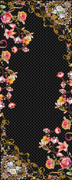 طرح شال دیجیتال آماده چاپ با گلهای آبرنگی و زمینه مشکی