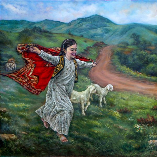 نقاشی دختر روستایی دویدن در دشت با گوسفندان اثر استاد نادر لنجانی
