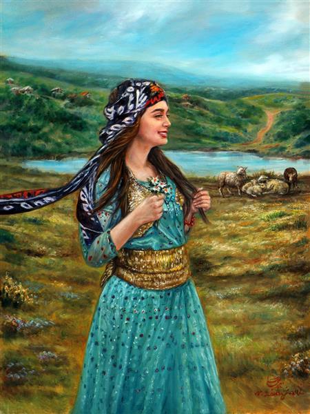 دختر عشایری زیبا با لباس سنتی کردی در دشت تابلو رنگ روغن نسیمی فرحبخش اثر استاد نادر لنجانی