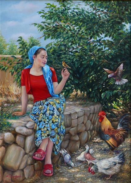 نقاشی دختر روستایی و گنجشک و پرندگان صبح در طالقان تابلو رنگ روغن اثر استاد نادر لنجانی