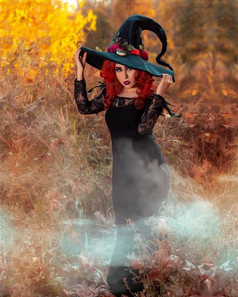 مدل زن با موهای قرمز و پیراهن سیاه که کلاه جادوگری به سر دارد