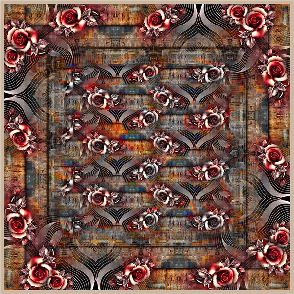 طرح روسری انتزاعی و گلدار با رنگهای خاکستری قرمز و قهوه ای