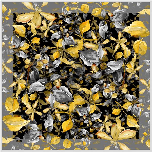 طرح روسری گلدار به رنگهای زرد و خاکستری با زمینه مشکی و حاشیه خاکستری