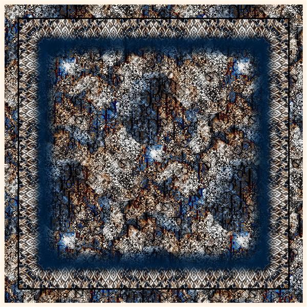 طرح روسری انتزاعی به رنگهای آبی کرم و قهوه ای و حاشیه سفید