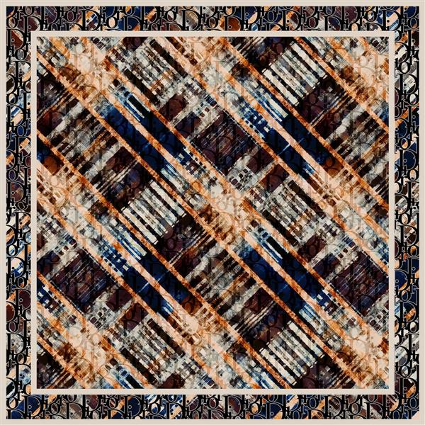 طرح روسری انتزاعی به رنگهای آبی قهوه ای و نارنجی با حاشیه کرم