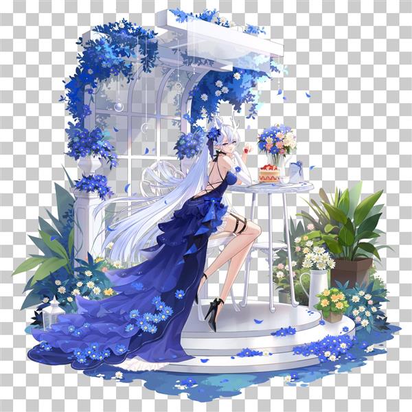 تصویر انیمه دختر زیبا با لباس و موهای بلند آبی نشسته روی صندلی و گلهای آبی