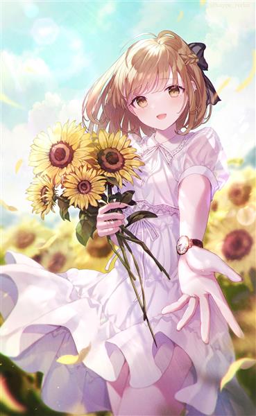 نقاشی زیبا انیمه دختری با موهای بلوند کوتاه و پیراهن سفید با گلهای آفتابگردان در دستش