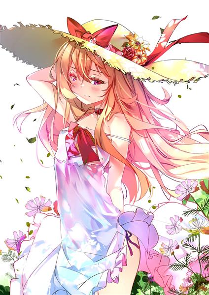 تصویر انیمه دختری با موهای بلند صورتی و کلاه آفتابی و پیراهن سفید در میان گلها