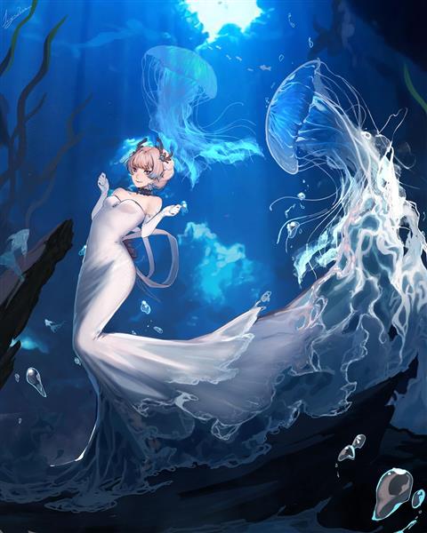 نقاشی دختر انیمه با پیراهن سفید زیر دریا با عروس دریایی های سفید