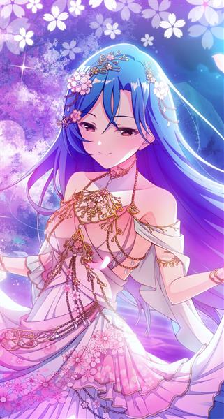 تصویرسازی انیمه دختر زیبا با موهای بلند آبی و لباس صورتی در پس زمینه آبی و بنفش با گلهای سفید