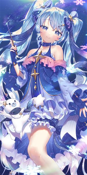 دختر انیمه با موهای بلند آبی و پیراهن آبی و بنفش و خرگوش سفید کنارش