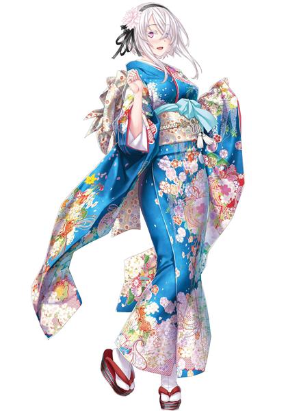 تصویر انیمه از دختری با موهای کوتاه سفید و کیمونو آبی در پس زمینه سفید