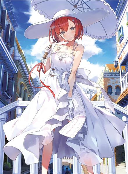 دختر انیمه با مو قرمز کوتاه و لباس کلاه و چتر سفید
