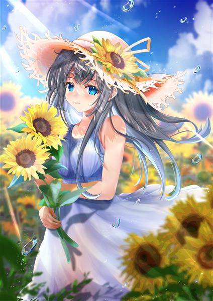 نقاشی انیمه دختری با موهای بلند خاکستری و پیراهن آبی و کلاه آفتابی در مزرعه آفتابگردان