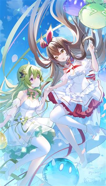 دو دختر انیمه ای زیبا با موهای قرمز و سبز و پیراهنهای سفید در پس زمینه سفید