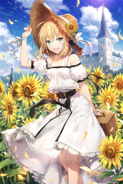دختر انیمه زیبا با موهای بلوند و پیراهن سفید با کلاه آفتابی در مزرعه آفتابگردان و قصری در پس زمینه