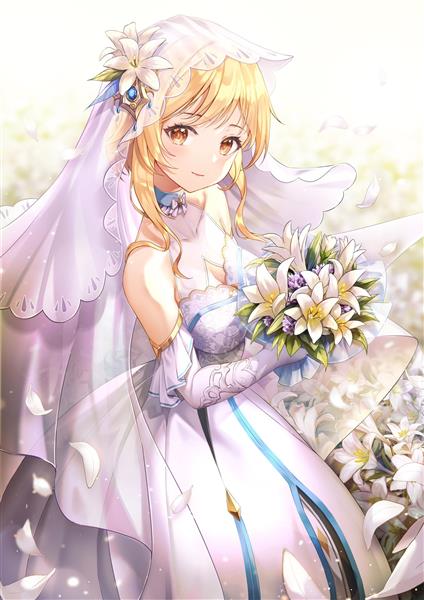 نقاشی انیمه عروس زیبا با موهای بلوند و تور و لباس سفید و دسته گل سفید