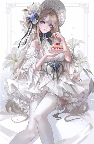 دختر انیمه ای زیبا با لباس و کلاه و گلهای سفید و کیکی در دستانش