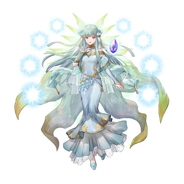 انیمه زن فرشته زیبا با پیراهن و موهای بلند سبز و سنگ جادویی در دستش