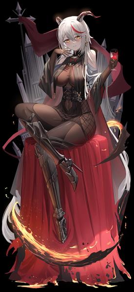 تصویرسازی انیمه از زن شیطانی با لباس مشکی و شنل قرمز و شاخهایی بر روی سرش