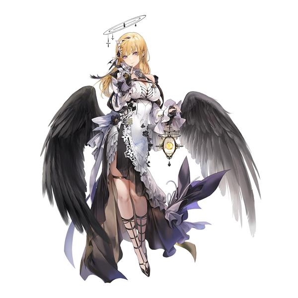 تصویر انیمه فرشته زن با بالهای سیاه و لباس سفید