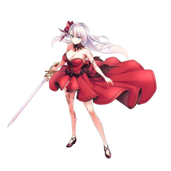 نقاشی انیمه دختر شمشیر زن با پیراهن قرمز در زمینه سفید