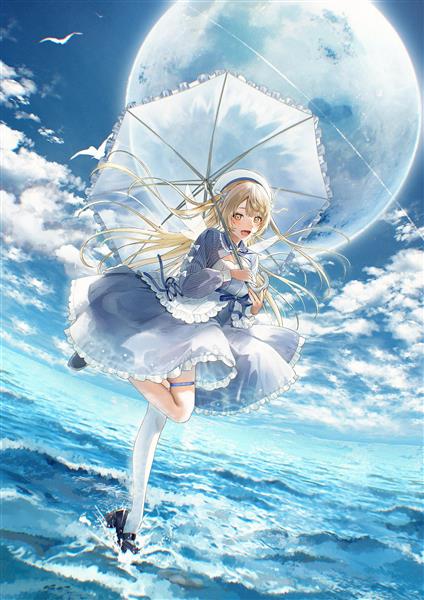 نقاشی انیمه دختر با لباس و چتر آبی در آسمان
