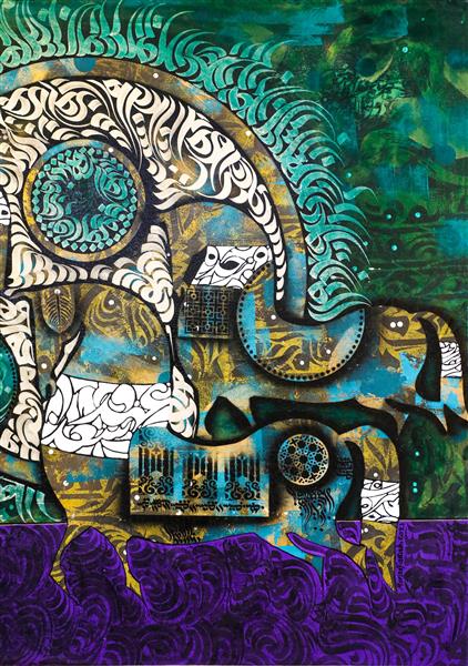 نقوش اسب و چیدمان حروف فارسی نقاشیخط اثر استاد مراد فتاحی