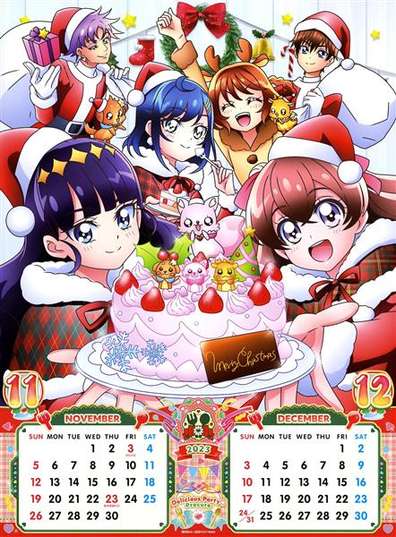 طرح تقویم نقاشی انیمه با دختران زیبا که لباس کریسمس پوشیدن و کیک خامه در دست دارند