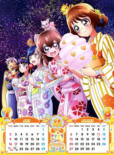 طرح تقویم نقاشی انیمه دختران زیبا با کیمونوهای رنگارنگ و آتش بازی در آسمان
