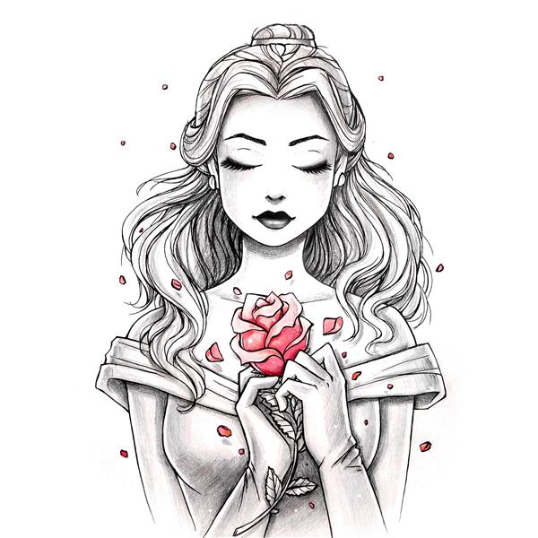 نقاشی خطی سیاه و سفید از بل و گل رز در دستش