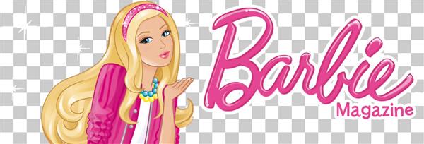 نقاشی باربی با موهای بلوند و بلوز صورتی در کنار لوگو صورتی انیمیشن باربی