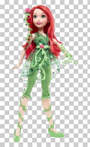 عروسک باربی با موهای قرمز و لباس سبز و گل صورتی روی موهایش