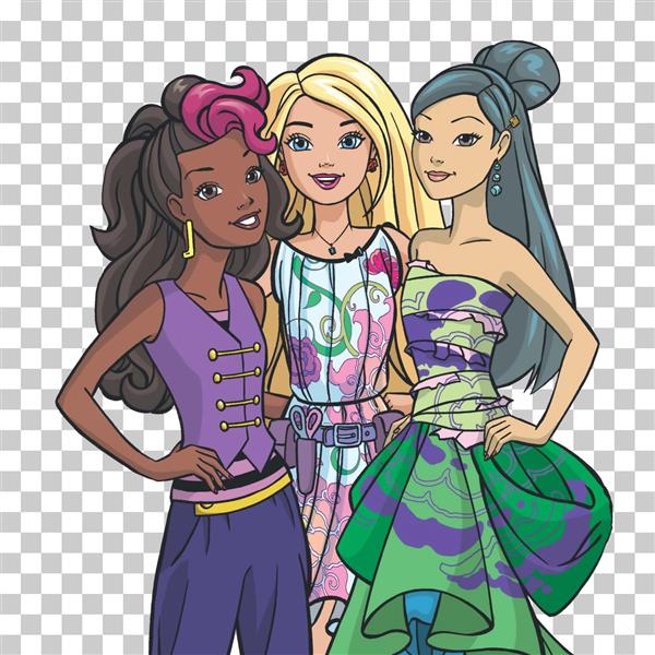 سه دوست باربی زیبا آفریقایی آمریکایی و آسیایی با لباس های سبز و بنفش ایستاده کنار هم