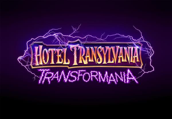 لوگوی انیمیشن هتل ترانسیلوانیا به رنگ بنفش ونارنجی در پس زمینه سیاه
