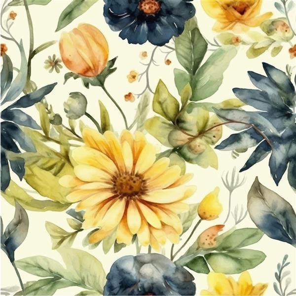 الگوی بدون درز گل و برگ آبرنگی برای چاپ روسری پارچه با رنگهای زرد سبز و آبی