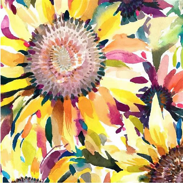الگوی بدون درز گل و برگ آبرنگی گل آفتابگردان برای چاپ روسری پارچه با رنگهای صورتی سبز و آبی و زرد