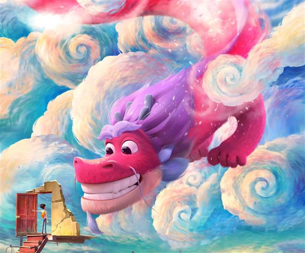 نقاشی دیجیتال اژدهای آرزو در بین ابرها طرح پوستر دیواری
