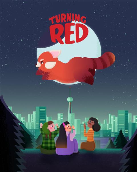 پوستر انیمیشن قرمز پاندای قرمز در آسمان شب و لوگو کارتون و دوستانش روی زمین