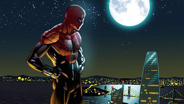 نقاشی مرد عنکبوتی ایستاده بالای برج در شب
