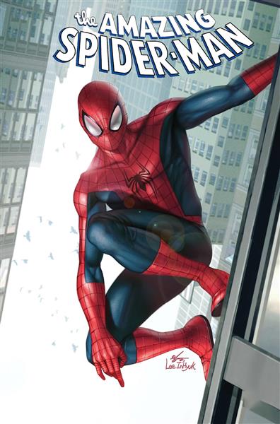 عکس مرد عنکبوتی نشسته روی پنجره برج در شهر