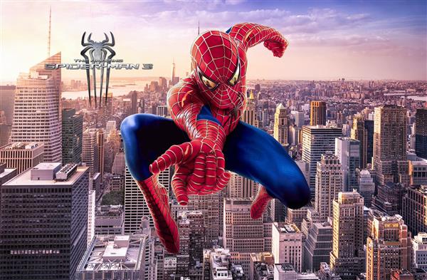پوستر فیلم مرد عنکبوتی در آسمان شهر و لوگو گوشه تصویر